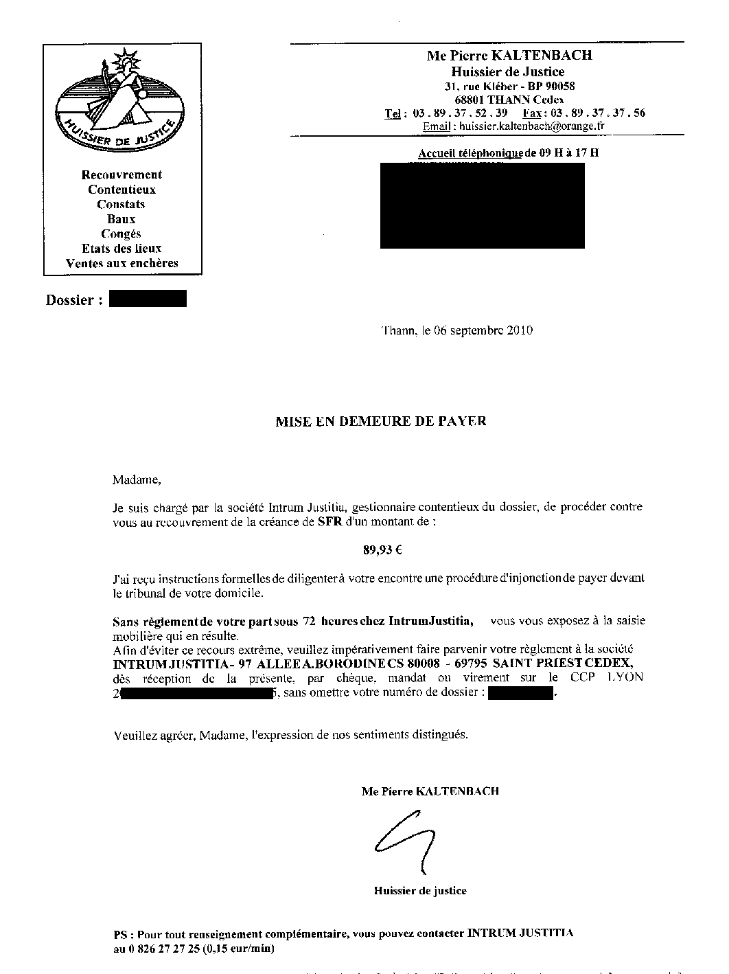 exemple de courrier pour huissier